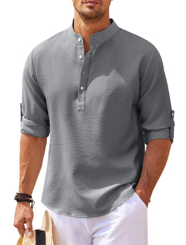 Men's Casual Long Sleeve Shirt Stand Collar Solid Color
