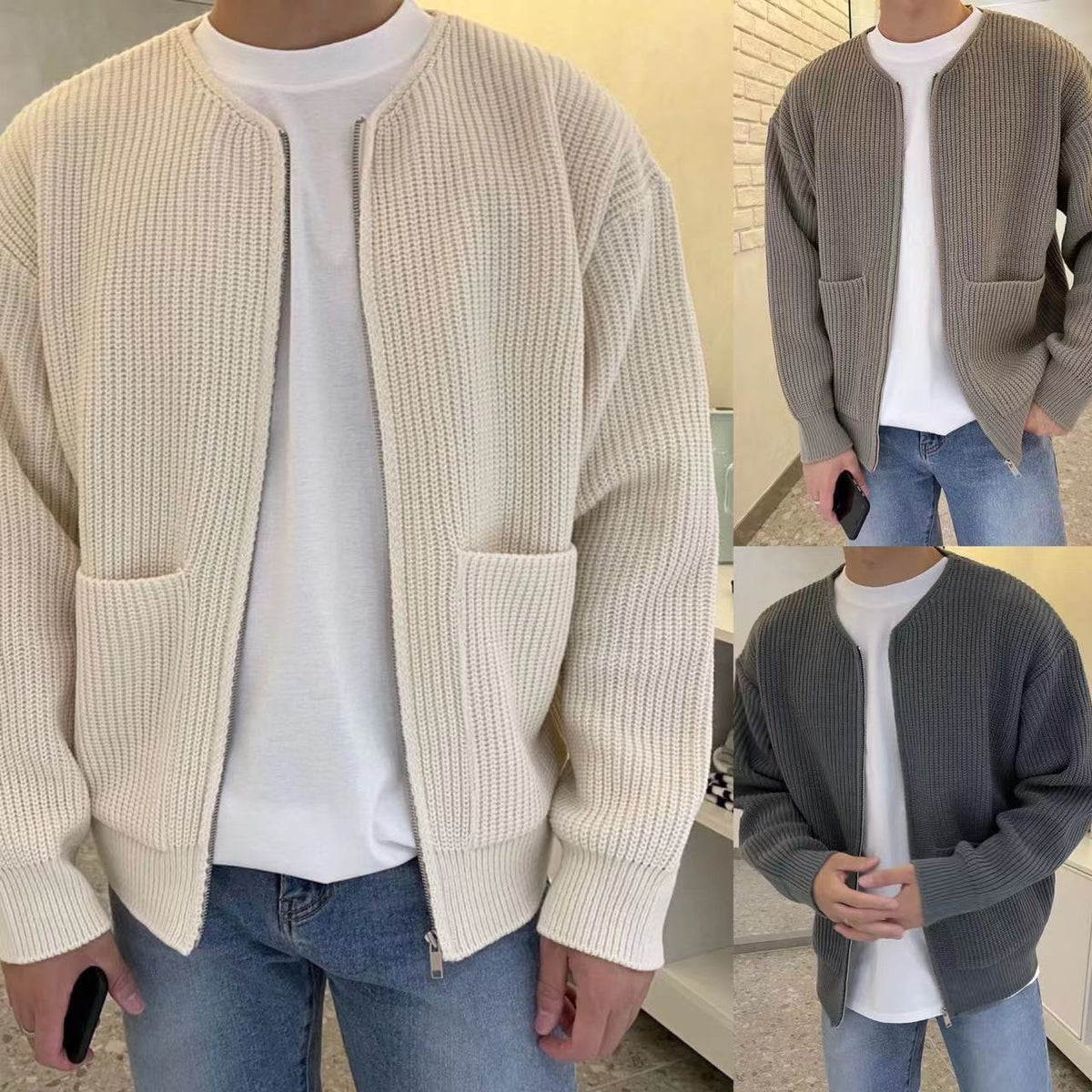 Men Zip Up Knitted Cardigan Comfortable Soft Long Sleeve