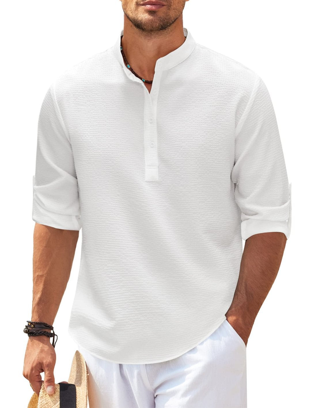 Men's Casual Long Sleeve Shirt Stand Collar Solid Color