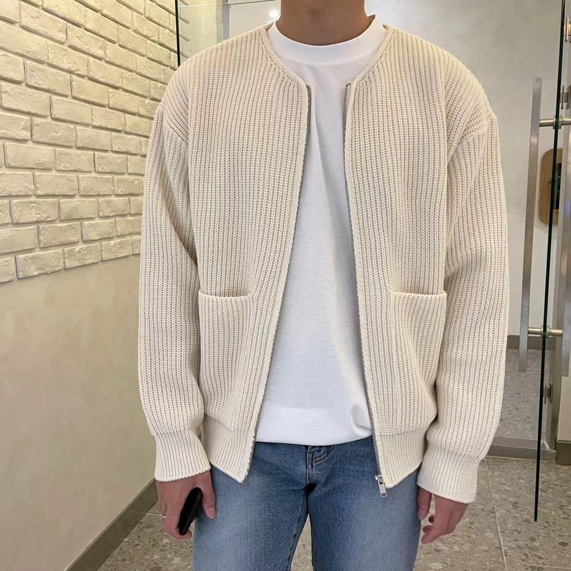 Men Zip Up Knitted Cardigan Comfortable Soft Long Sleeve