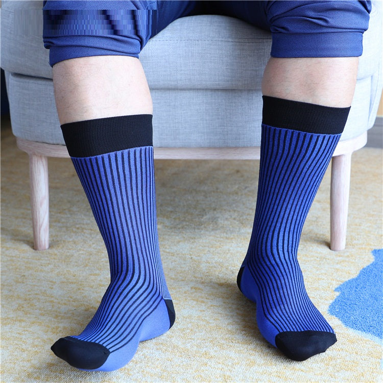 Autumn And Winter Black And Blue Striped Mid-calf Business Men Socks