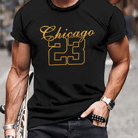 Men's Unique Chicago 23 Printed T-shirt - Casual Breathable Polyester Fiber, Round Neck, Machine Washable - Perfect Choice For Summer