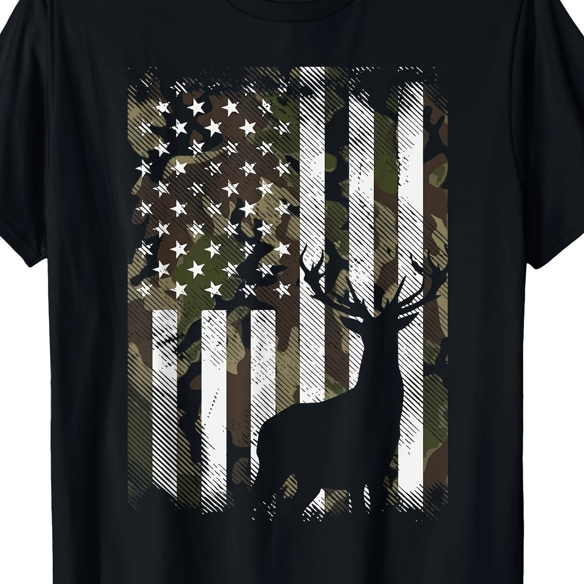 Camouflage American Flag Deer Elk Bucks Camouflage Hunter Dad Gift Short Sleeve T-shirt