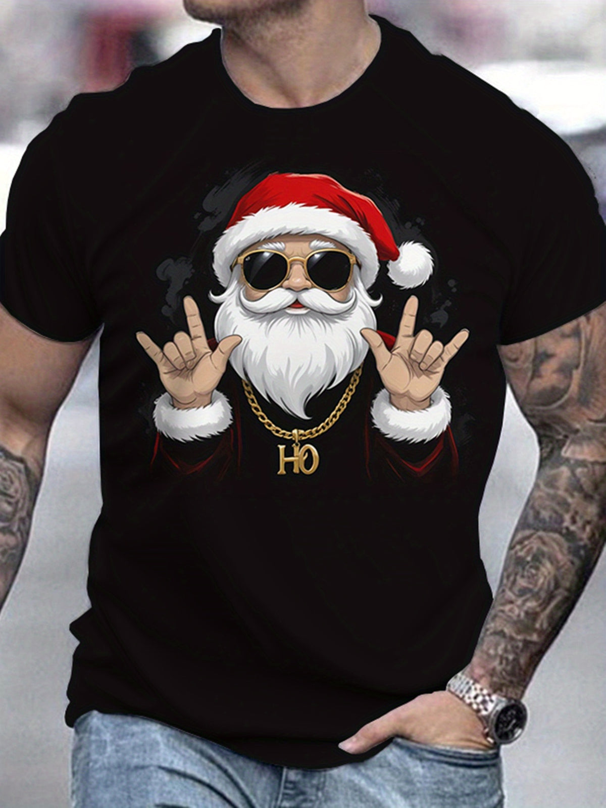 Cool Santa Claus Printed T-shirt Creative Men's Casual Round Neck Short Sleeved Top