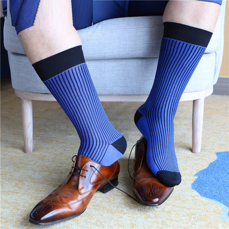 Autumn And Winter Black And Blue Striped Mid-calf Business Men Socks