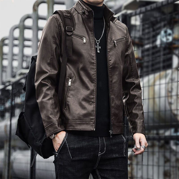 Men's Casual Motorcycle Leather Jacket Slim