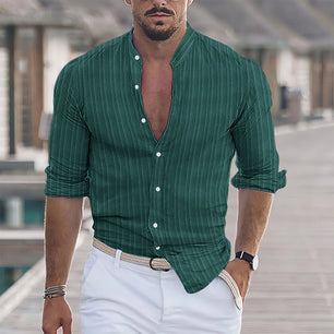 2023 Spring Autumn Fashion Men Streak Linen Shirts Long-Sleeved Stand