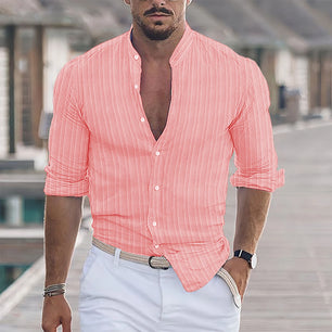 2023 Spring Autumn Fashion Men Streak Linen Shirts Long-Sleeved Stand
