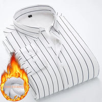 Men Striped Shirts Slim Fit Long Sleeves 2023 Winter Fleece Thickened