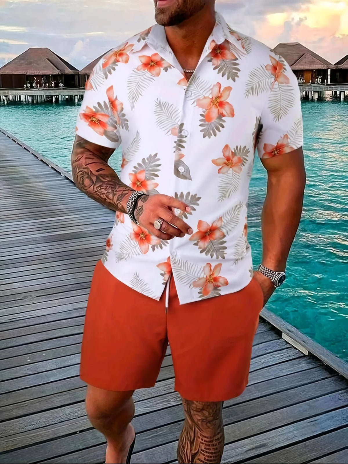 Men'A Spring And Fall 2-Piece Beach-Style Short-Sleeved Button-Down
