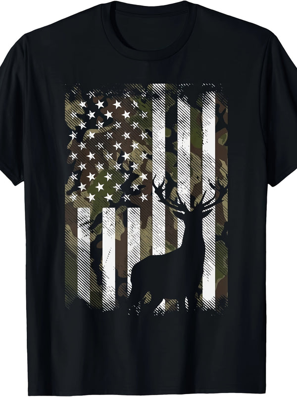 Camouflage American Flag Deer Elk Bucks Camouflage Hunter Dad Gift Short Sleeve T-shirt