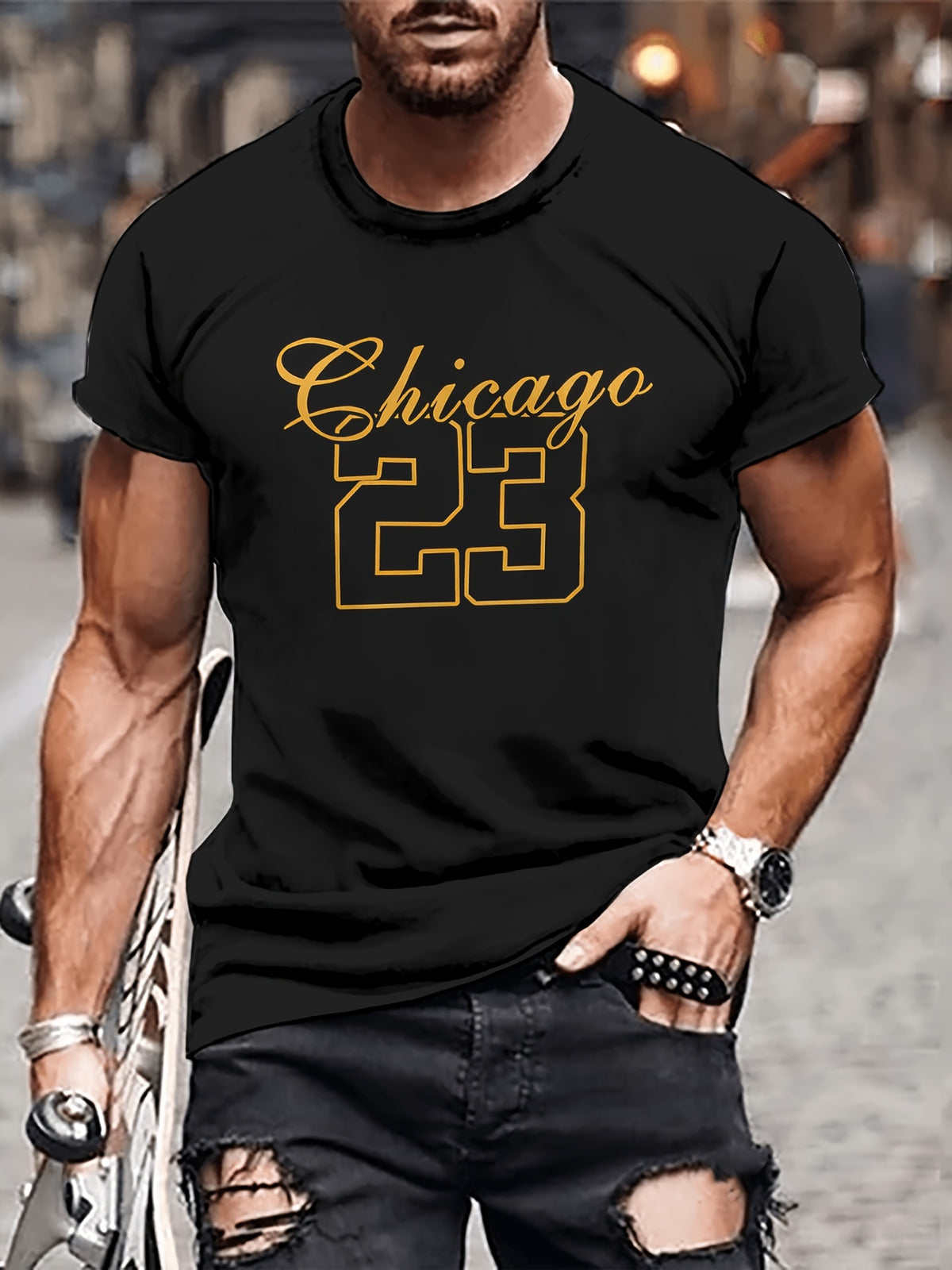 Men's Unique Chicago 23 Printed T-shirt - Casual Breathable Polyester Fiber, Round Neck, Machine Washable - Perfect Choice For Summer