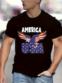 Eagle Printed T-shirt, Summer Men's Casual Street Style Elastic Round Neck T-shirt