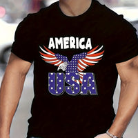 Eagle Printed T-shirt, Summer Men's Casual Street Style Elastic Round Neck T-shirt