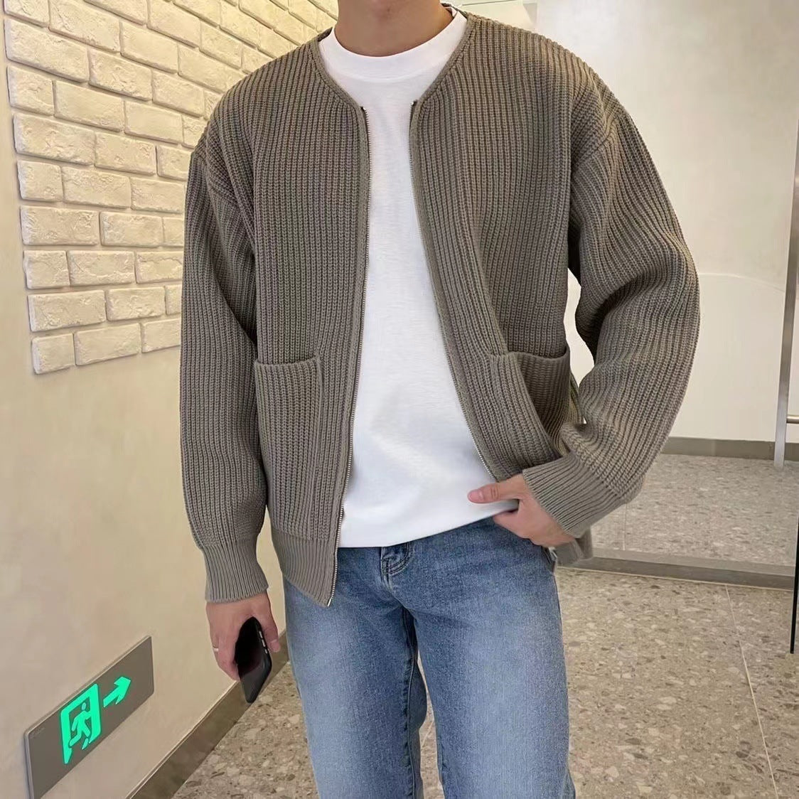 Men Zip Up Knitted Cardigan Comfortable Soft Long Sleeve